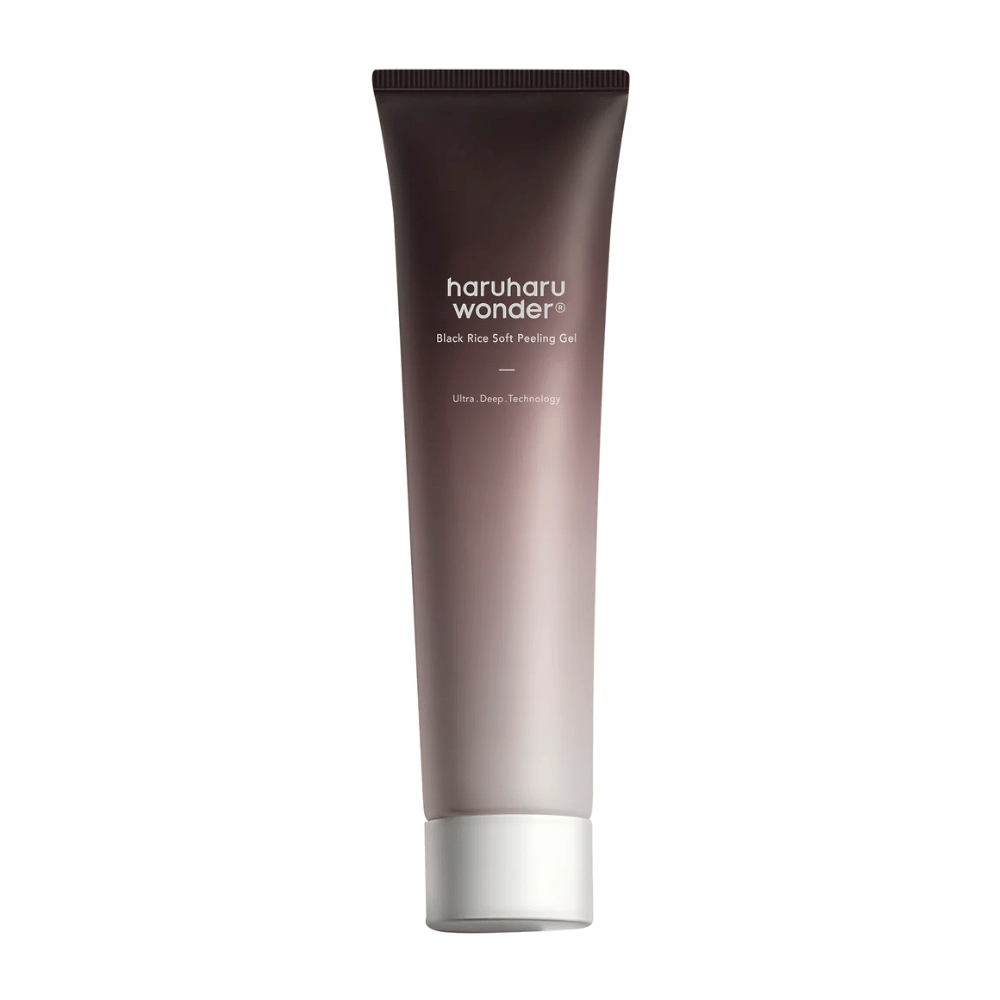A tube Haruharu Wonder Black Rice Soft Peeling Gel 100ml with exfoliating properties on a white background.