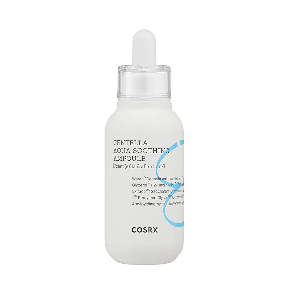 A bottle COSRX Centella Aqua Soothing Ampoule 40ml with calming properties on a white background.